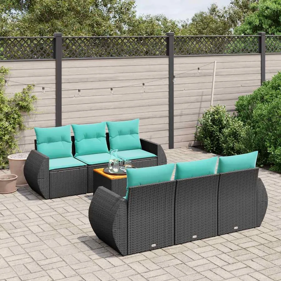 Ensemble de canapé de jardin 7 pcs avec coussins noir résine tressée