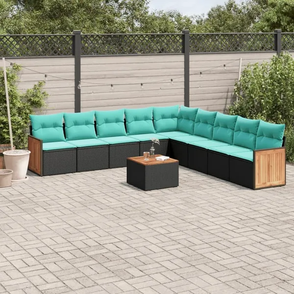 Ensemble de canapé de jardin 10 pcs avec coussins noir résine tressée