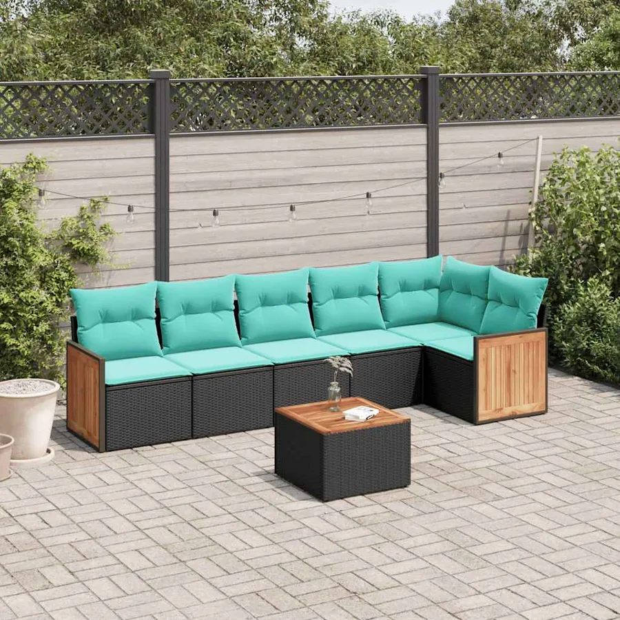 Ensemble de canapé de jardin 7 pcs avec coussins noir résine tressée