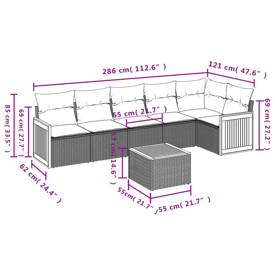 Ensemble de canapé de jardin 7 pcs avec coussins noir résine tressée - 8