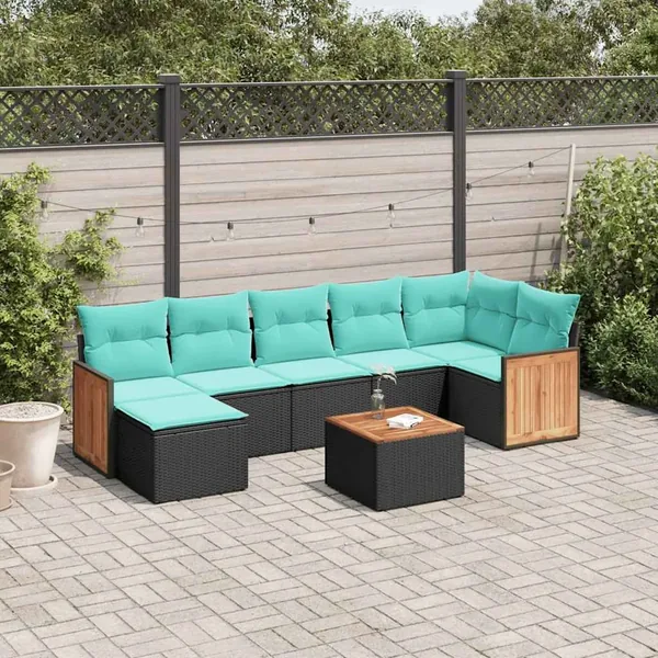Ensemble de canapé de jardin 8 pcs avec coussins noir résine tressée