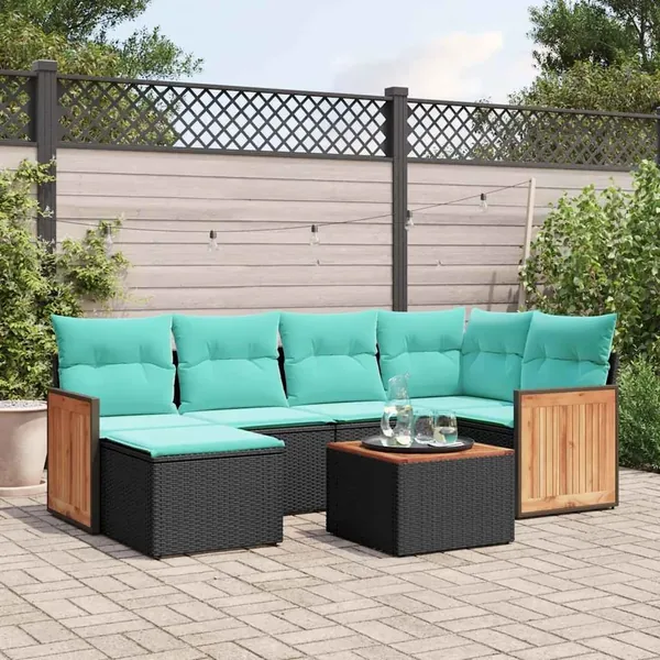 Ensemble de canapé de jardin 7 pcs avec coussins noir résine tressée