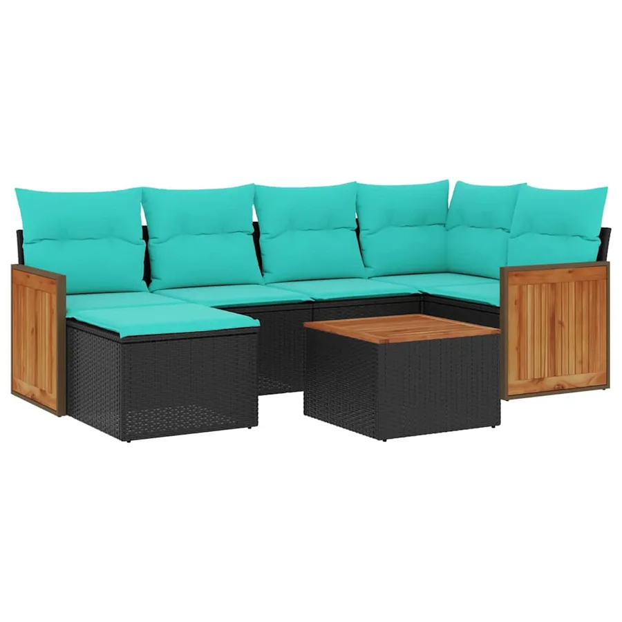 Ensemble de canapé de jardin 7 pcs avec coussins noir résine tressée - 2