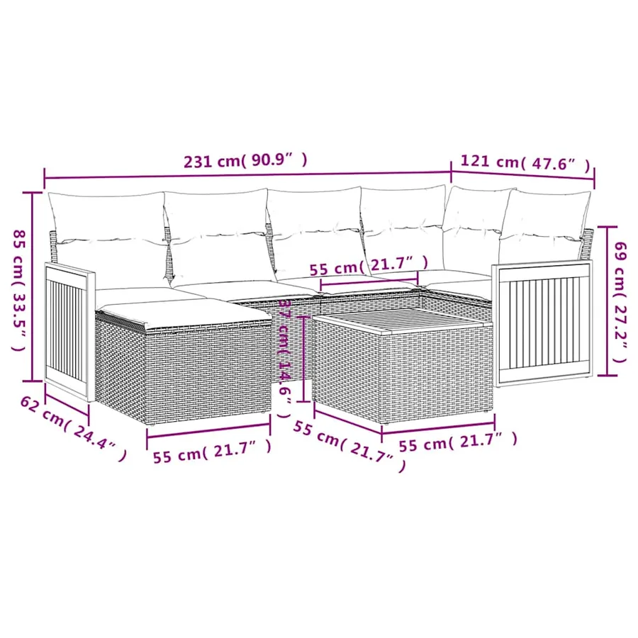 Ensemble de canapé de jardin 7 pcs avec coussins noir résine tressée - 9