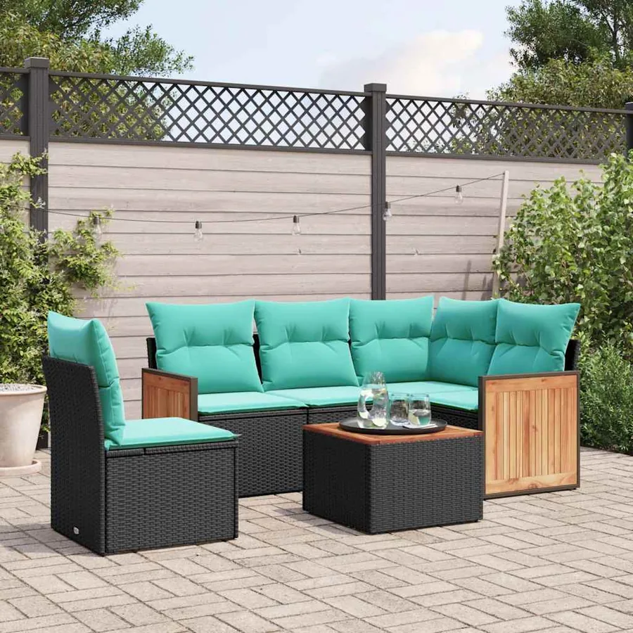 Ensemble de canapé de jardin 6 pcs avec coussins noir résine tressée