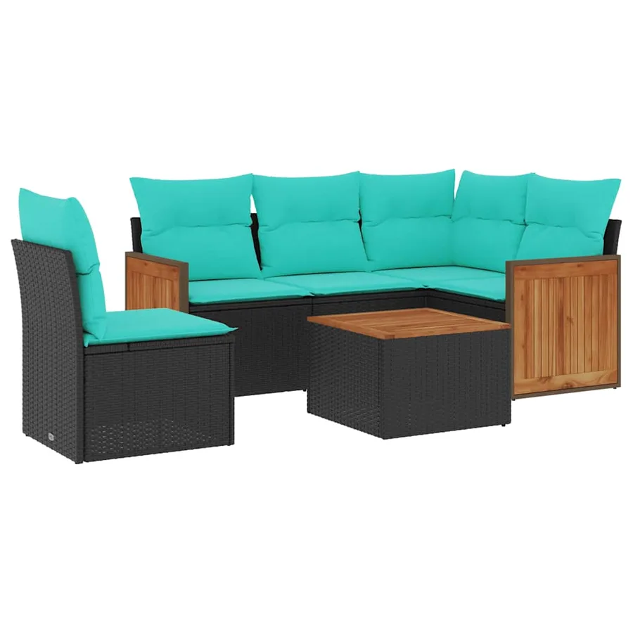 Ensemble de canapé de jardin 6 pcs avec coussins noir résine tressée - 2