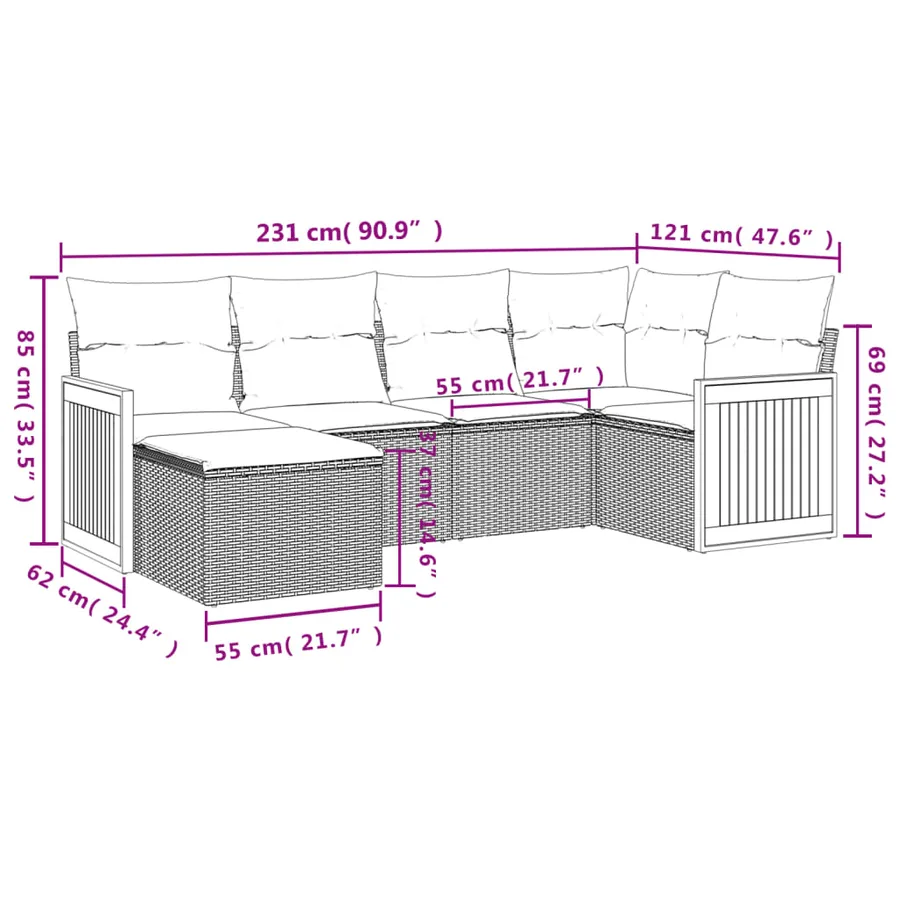Salon de jardin 6 pcs avec coussins noir résine tressée - 8