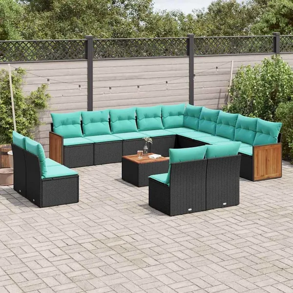 Ensemble de canapé de jardin 14 pcs avec coussins noir résine tressée