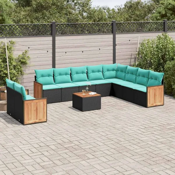 Ensemble de canapé de jardin 11 pcs avec coussins noir résine tressée