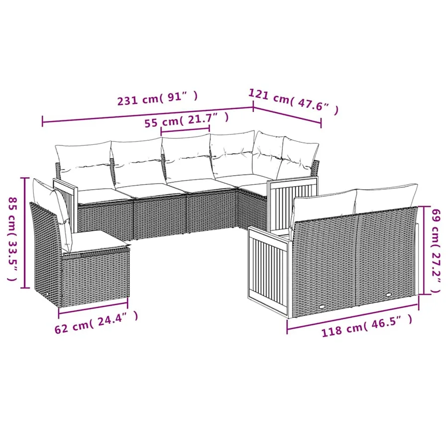 Salon de jardin 8 pcs avec coussins noir résine tressée - 7