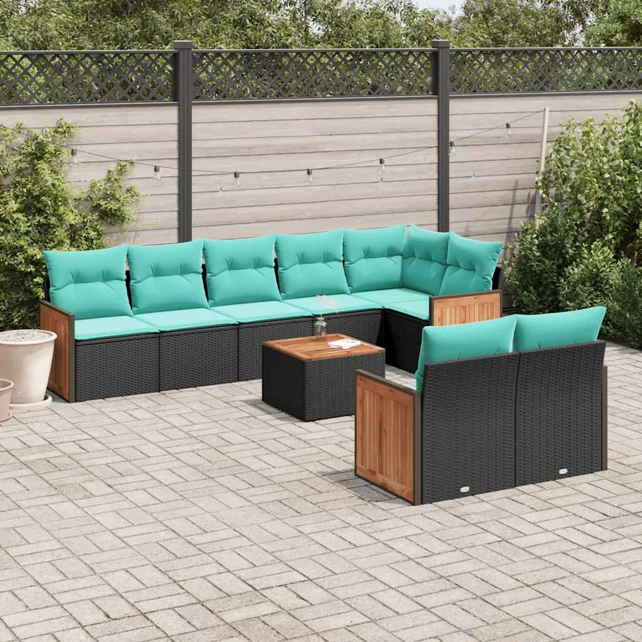 Ensemble de canapé de jardin 9 pcs avec coussins noir résine tressée