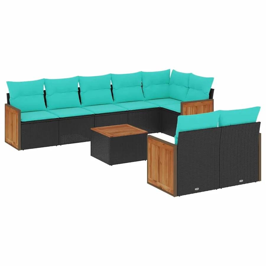 Ensemble de canapé de jardin 9 pcs avec coussins noir résine tressée - 2