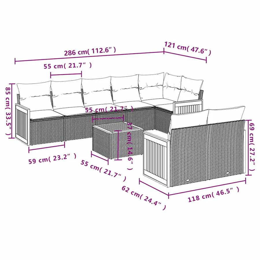 Ensemble de canapé de jardin 9 pcs avec coussins noir résine tressée - 8