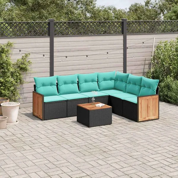 Ensemble de canapé de jardin 7 pcs avec coussins noir résine tressée