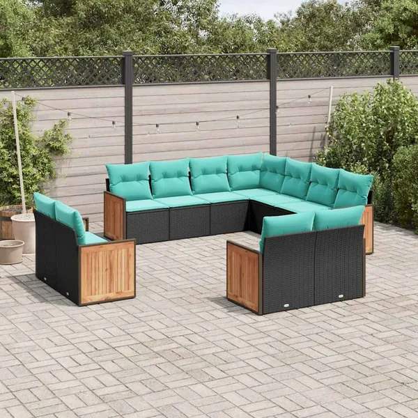 Ensemble de canapé de jardin 11 pcs avec coussins noir résine tressée