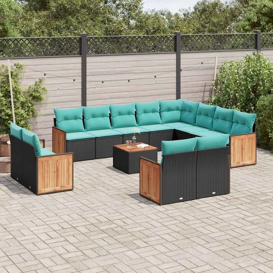 Ensemble de canapé de jardin 13 pcs avec coussins noir résine tressée