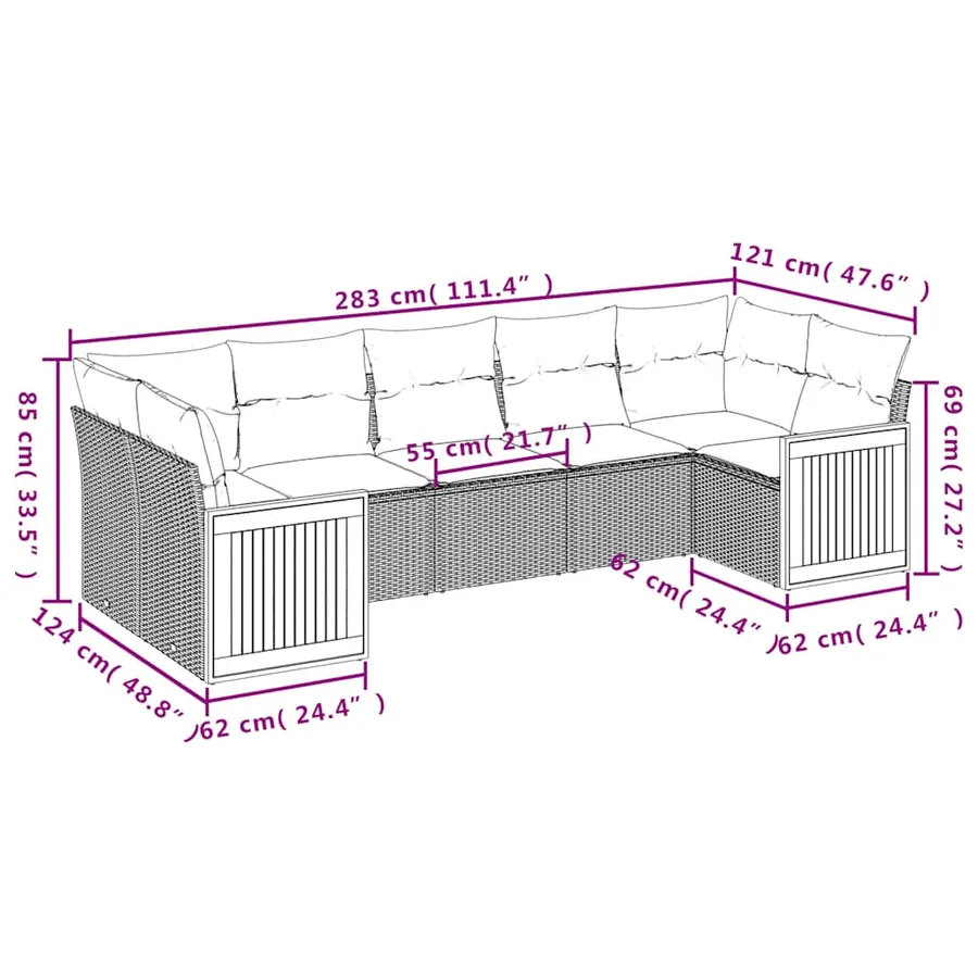 Salon de jardin 7 pcs avec coussins noir résine tressée 62 x 62 x 69 cm - 59,8 kg - 7