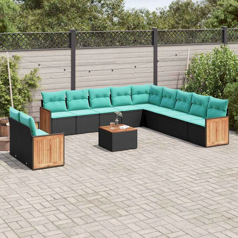 Ensemble de canapé de jardin 12 pcs avec coussins noir résine tressée