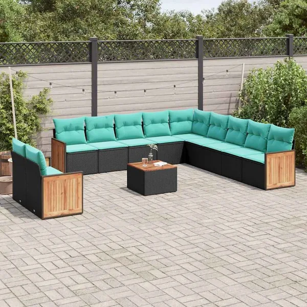 Ensemble de canapé de jardin 12 pcs avec coussins noir résine tressée