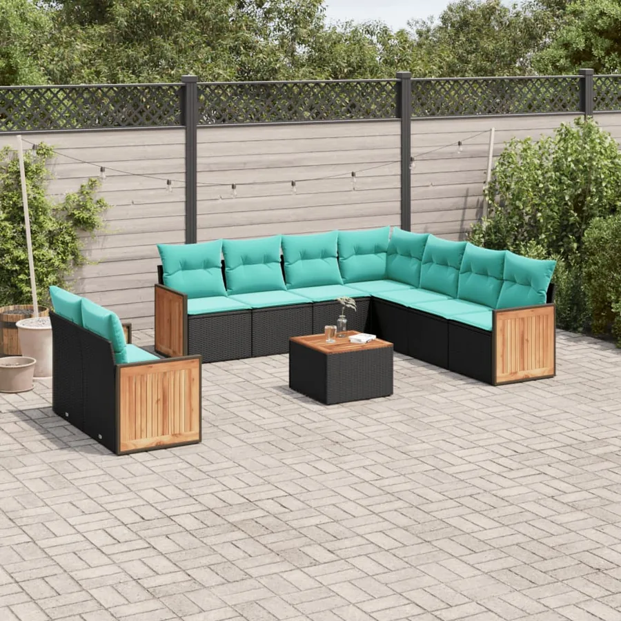 Ensemble de canapé de jardin 10 pcs avec coussins noir résine tressée