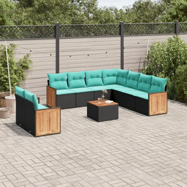 Ensemble de canapé de jardin 10 pcs avec coussins noir résine tressée