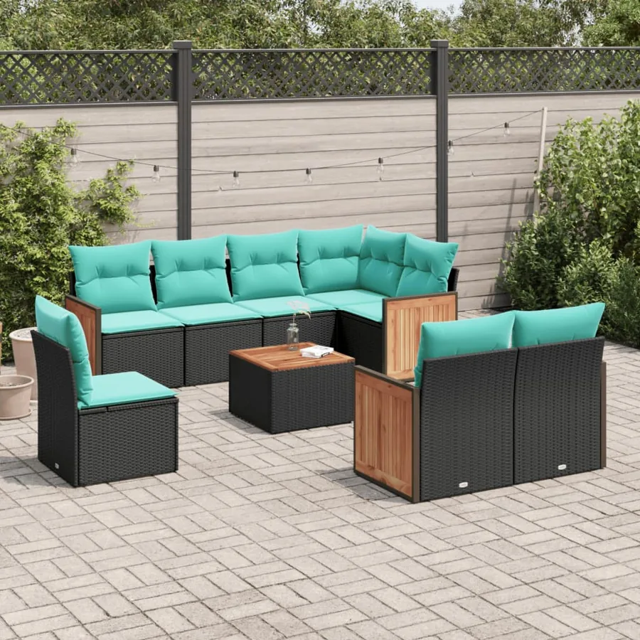 Ensemble de canapé de jardin 9 pcs avec coussins noir résine tressée