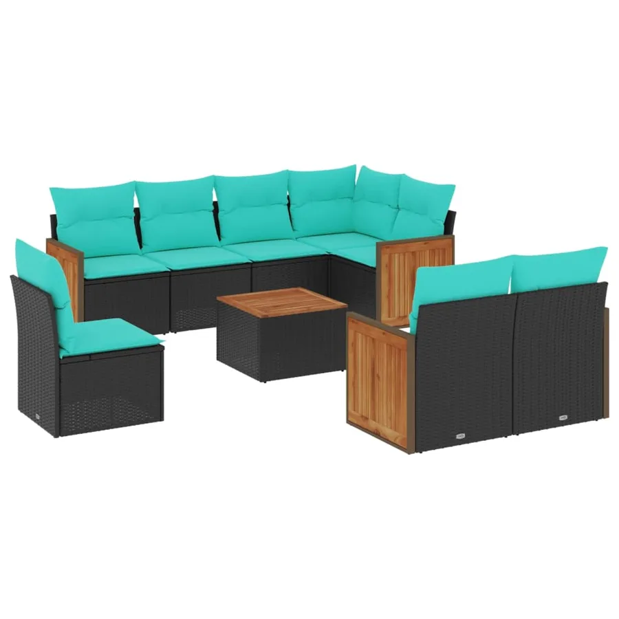 Ensemble de canapé de jardin 9 pcs avec coussins noir résine tressée - 2