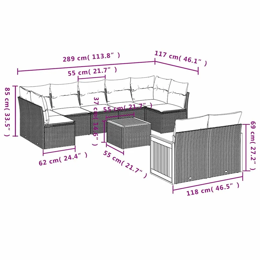 Ensemble de canapé de jardin 9 pcs avec coussins noir résine tressée - 8