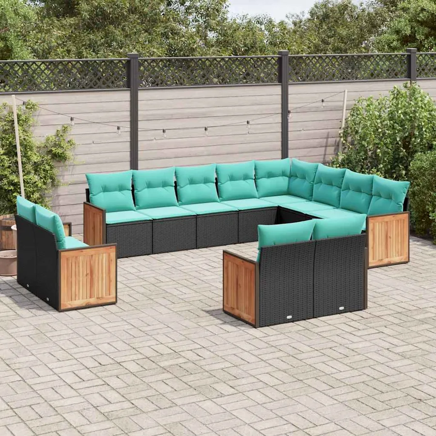 Ensemble de canapé de jardin 12 pcs avec coussins noir résine tressée