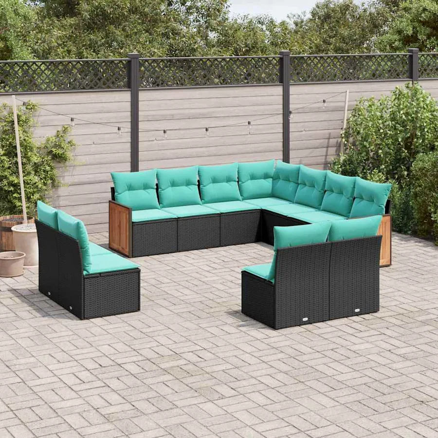 Salon de jardin 11 pcs avec coussins noir résine tressée