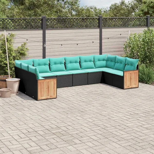 Salon de jardin 10 pcs avec coussins noir résine tressée