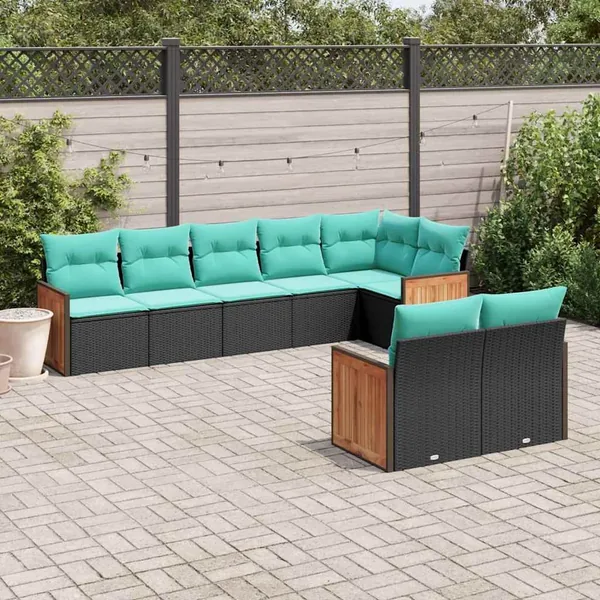 Salon de jardin 8 pcs avec coussins noir résine tressée