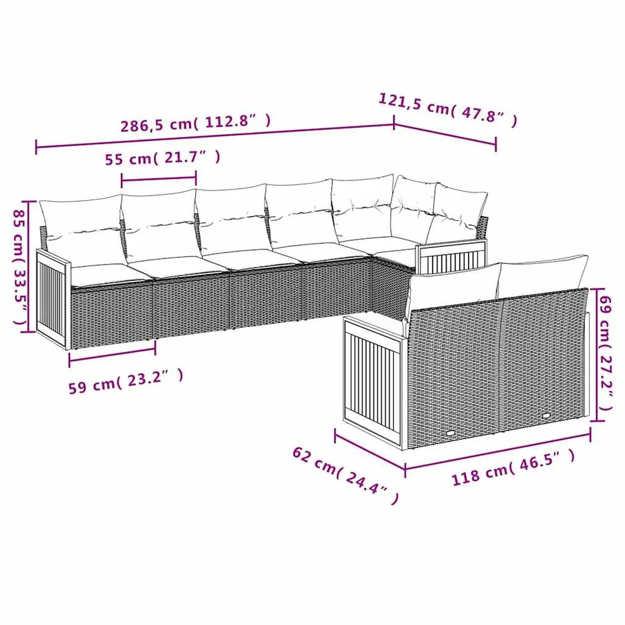 Salon de jardin 8 pcs avec coussins noir résine tressée - 7