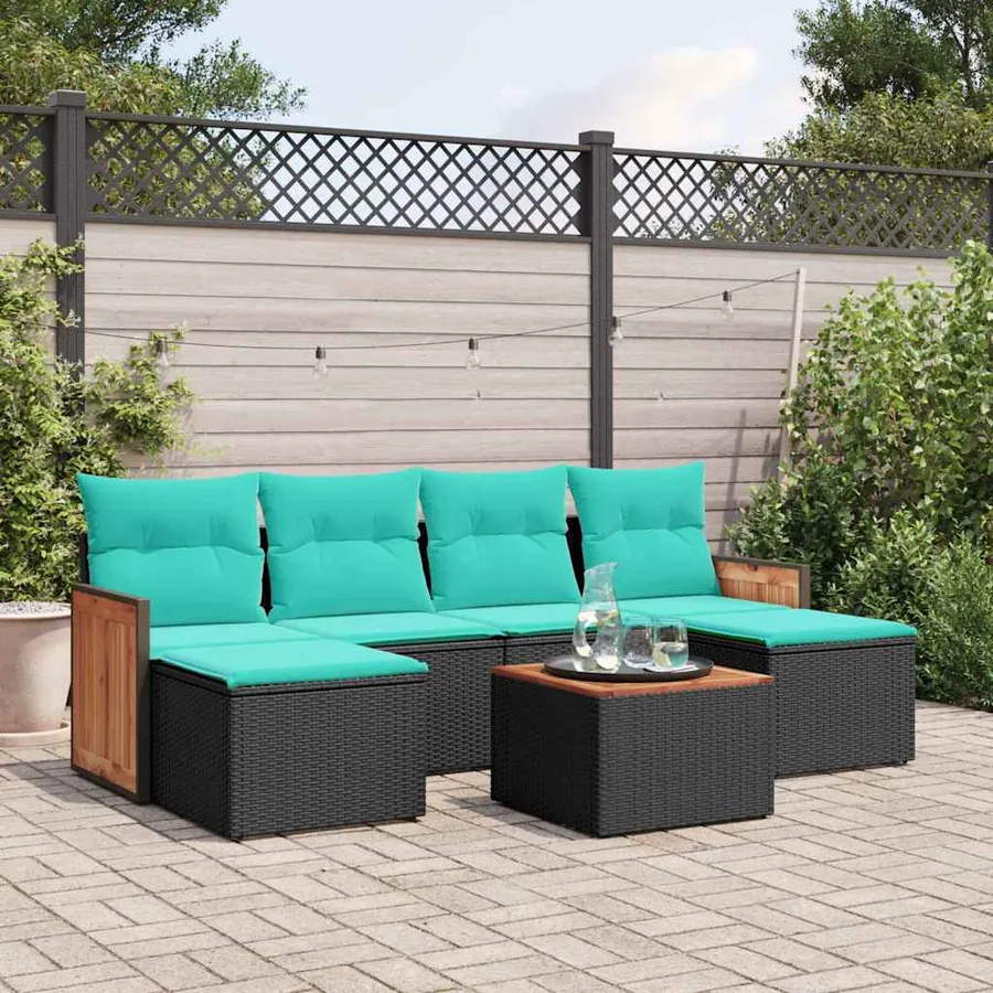 Ensemble de canapé de jardin 7 pcs avec coussins noir résine tressée