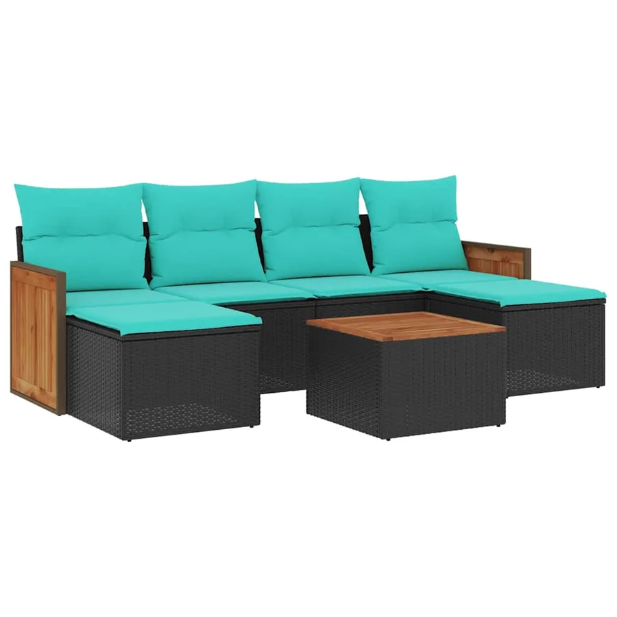 Ensemble de canapé de jardin 7 pcs avec coussins noir résine tressée - 2