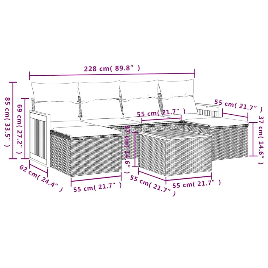 Ensemble de canapé de jardin 7 pcs avec coussins noir résine tressée - 8