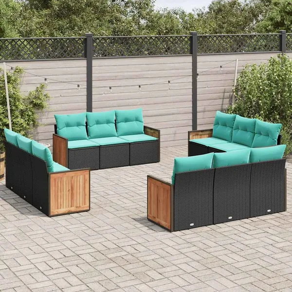 Ensemble de canapé de jardin 12 pcs avec coussins noir résine tressée