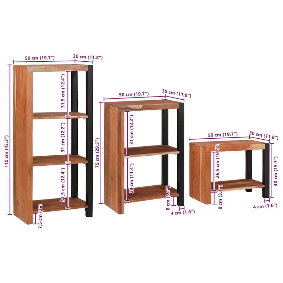 Étagère 3 pcs Marron 50 x 30 x 110 cm Bois d'Acacia Massif - 12