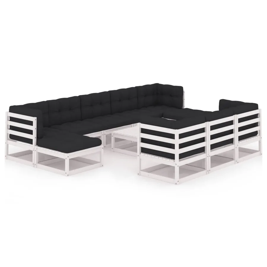 Salon de jardin 11 pcs avec coussins Blanc Bois de pin massif - 2