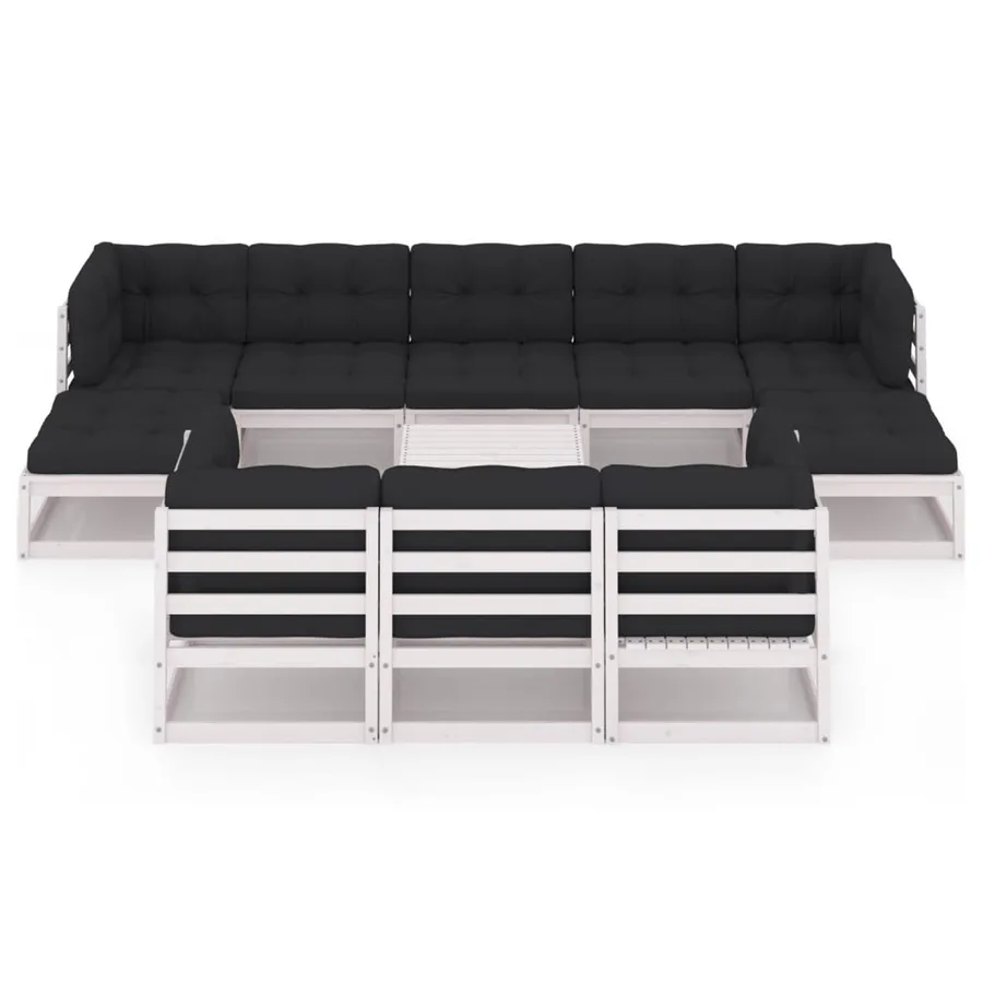 Salon de jardin 11 pcs avec coussins Blanc Bois de pin massif - 3