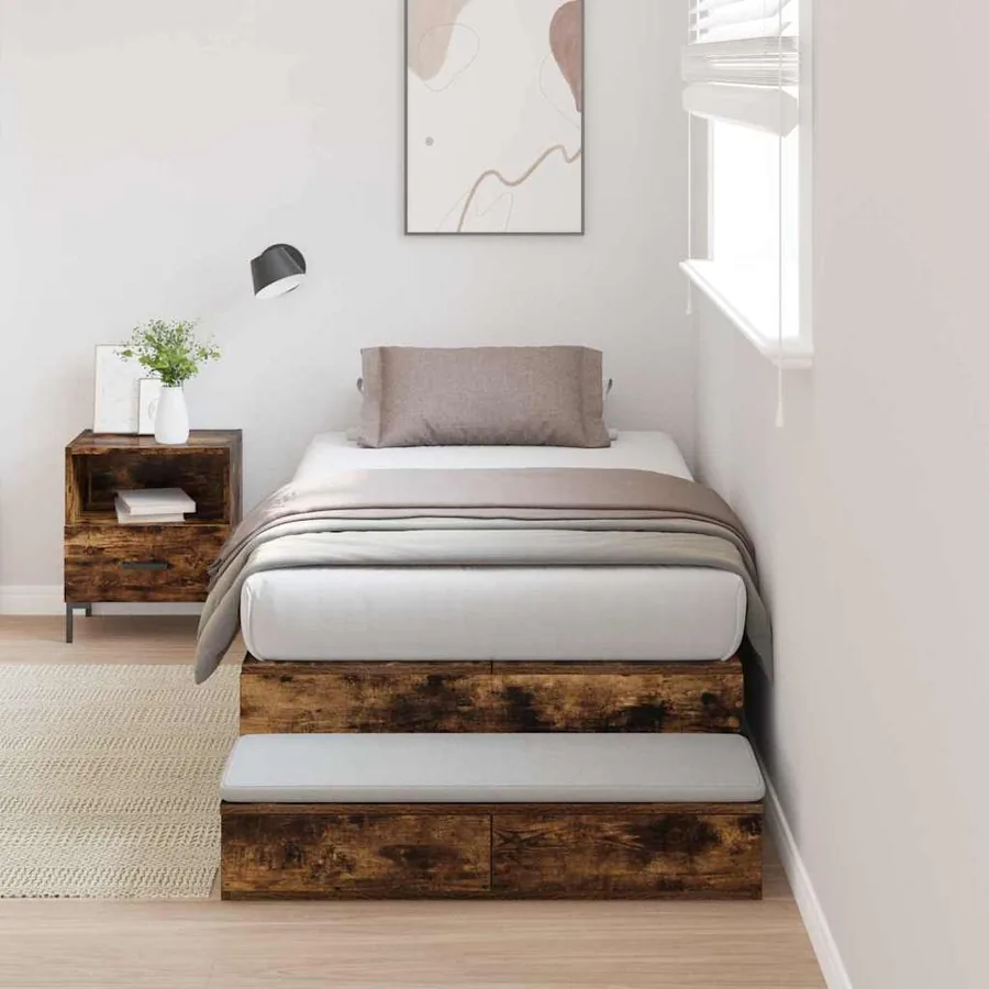 Cadre de lit avec rangement Chêne fumé 90 cm Bois d'ingénierie