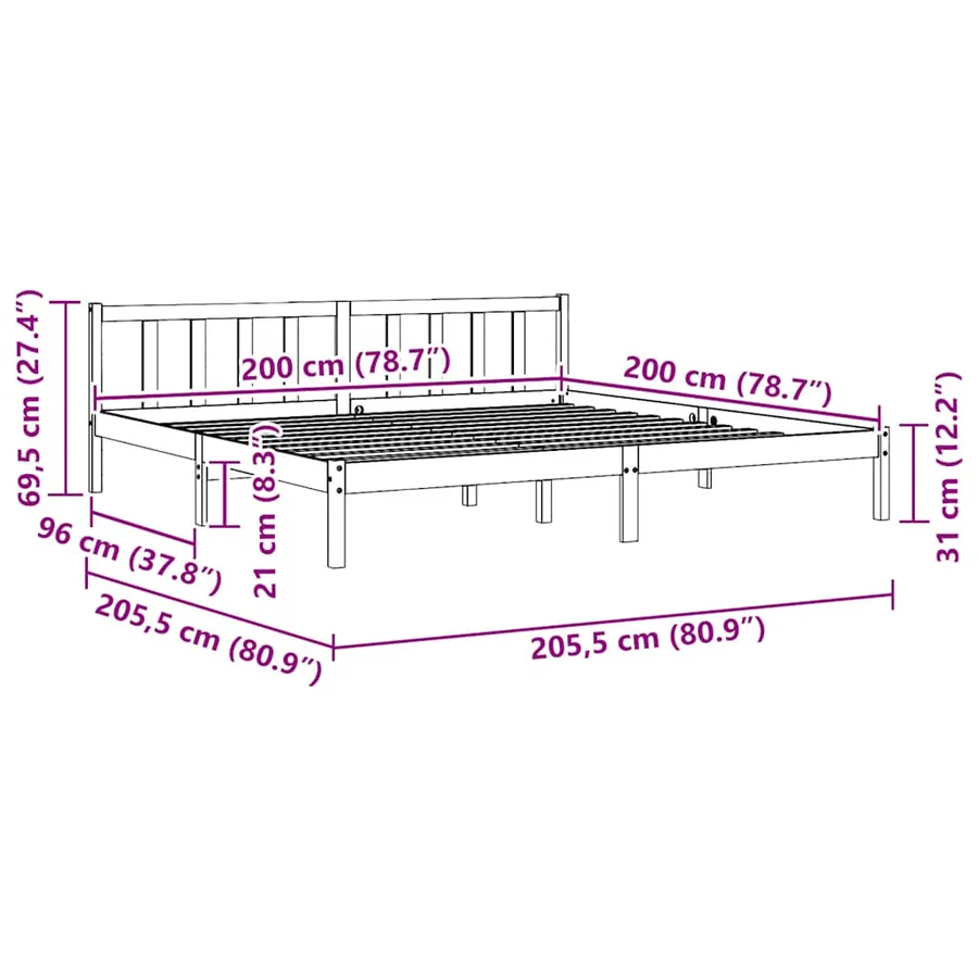 Cadre de lit sans matelas noir bois massif 200x200 cm - 9