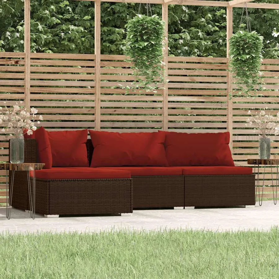 Salon de jardin 4 pcs avec coussins Marron Résine tressée