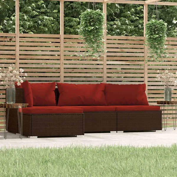 Salon de jardin 4 pcs avec coussins Marron Résine tressée