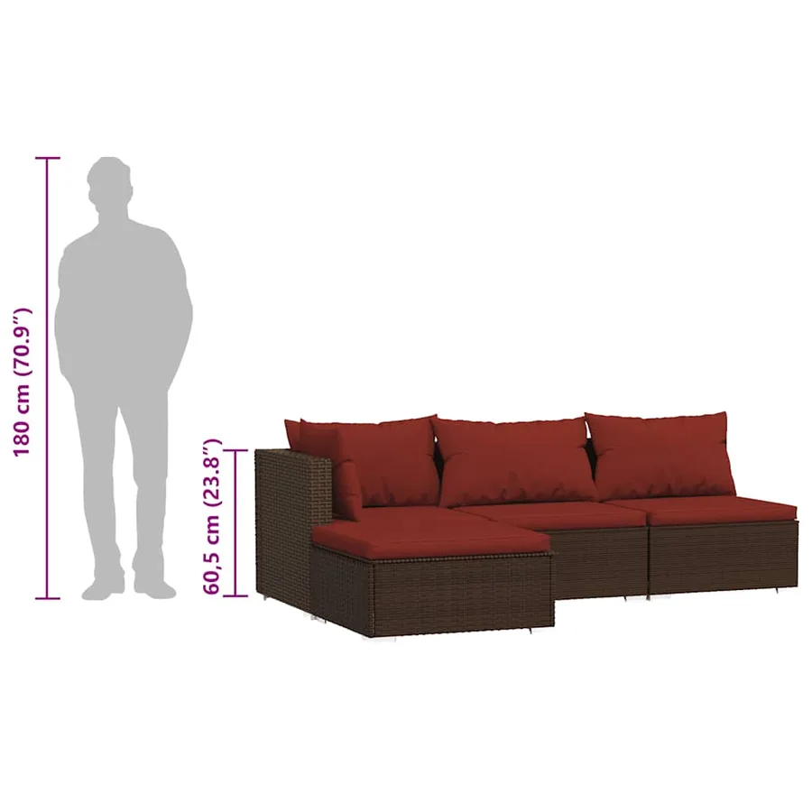Salon de jardin 4 pcs avec coussins Marron Résine tressée - 12