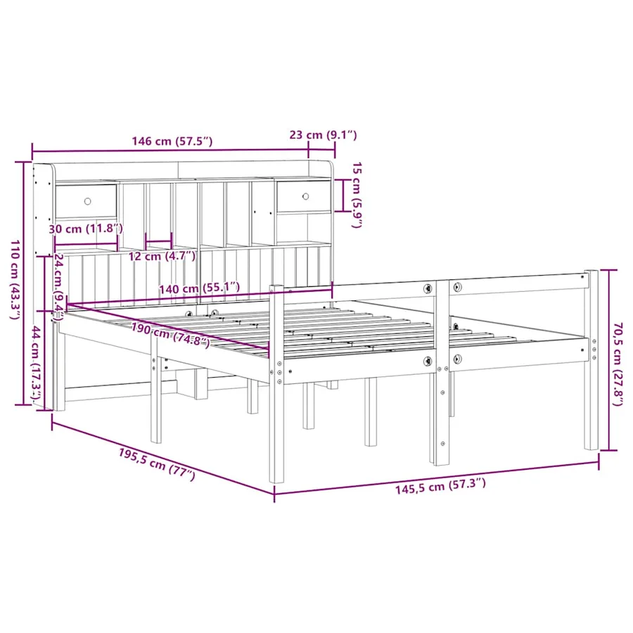 Lit bibliothèque sans matelas 140x190 cm bois de pin massif - 11