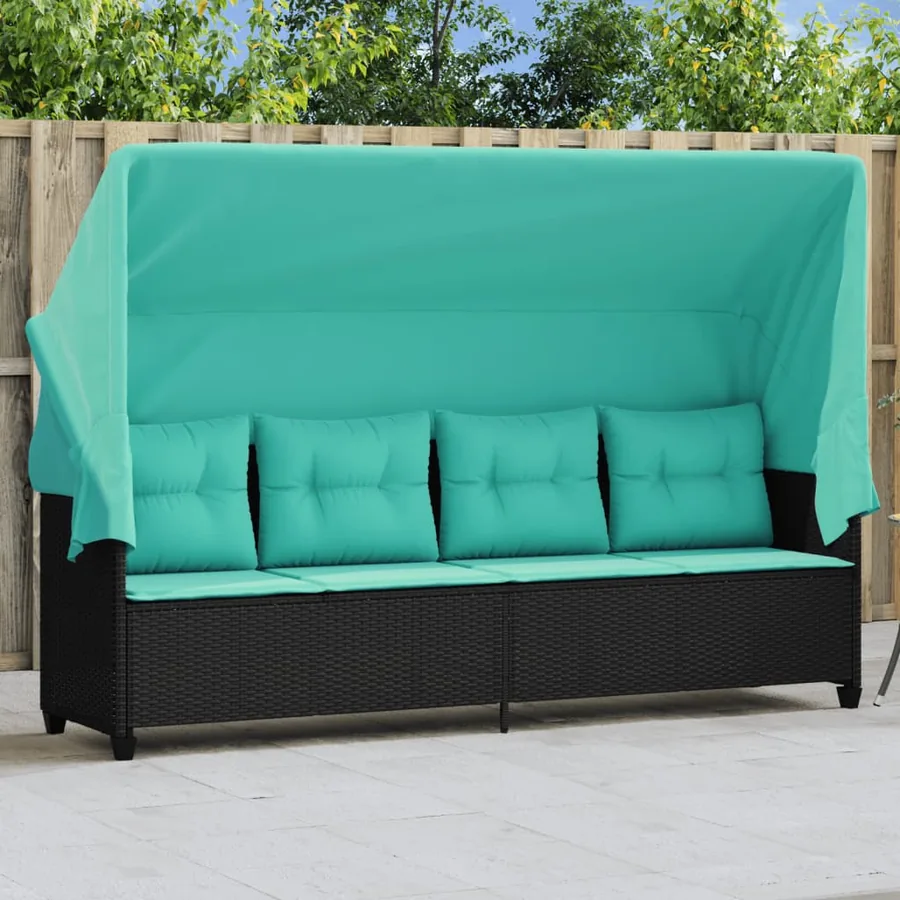 Chaise longue avec auvent et coussins noir résine tressée