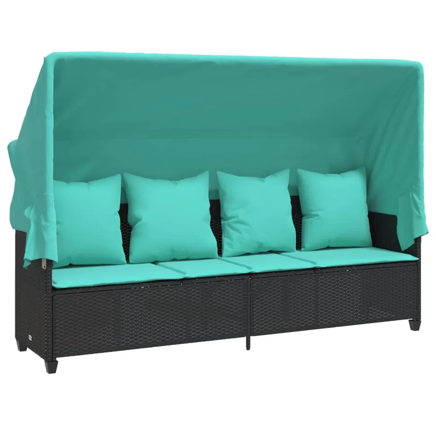 Chaise longue avec auvent et coussins noir résine tressée - 2