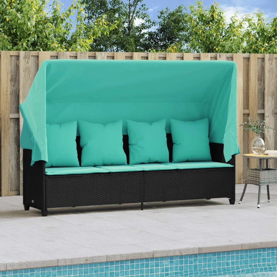 Chaise longue avec auvent et coussins noir résine tressée - 3