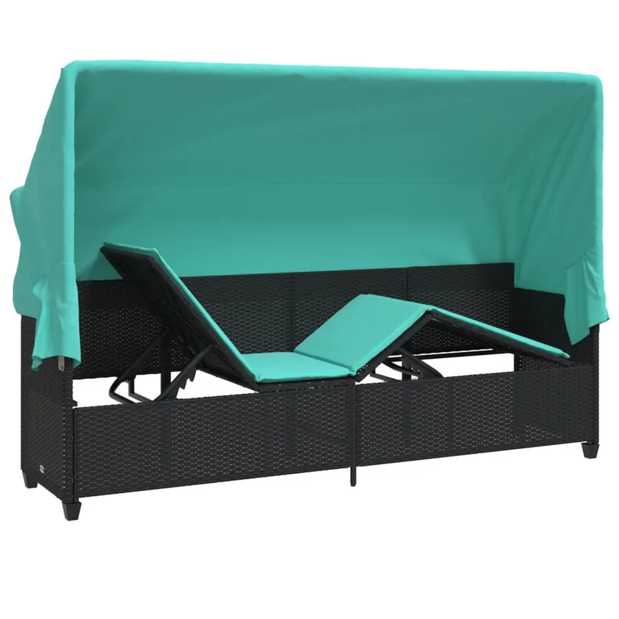 Chaise longue avec auvent et coussins noir résine tressée - 5